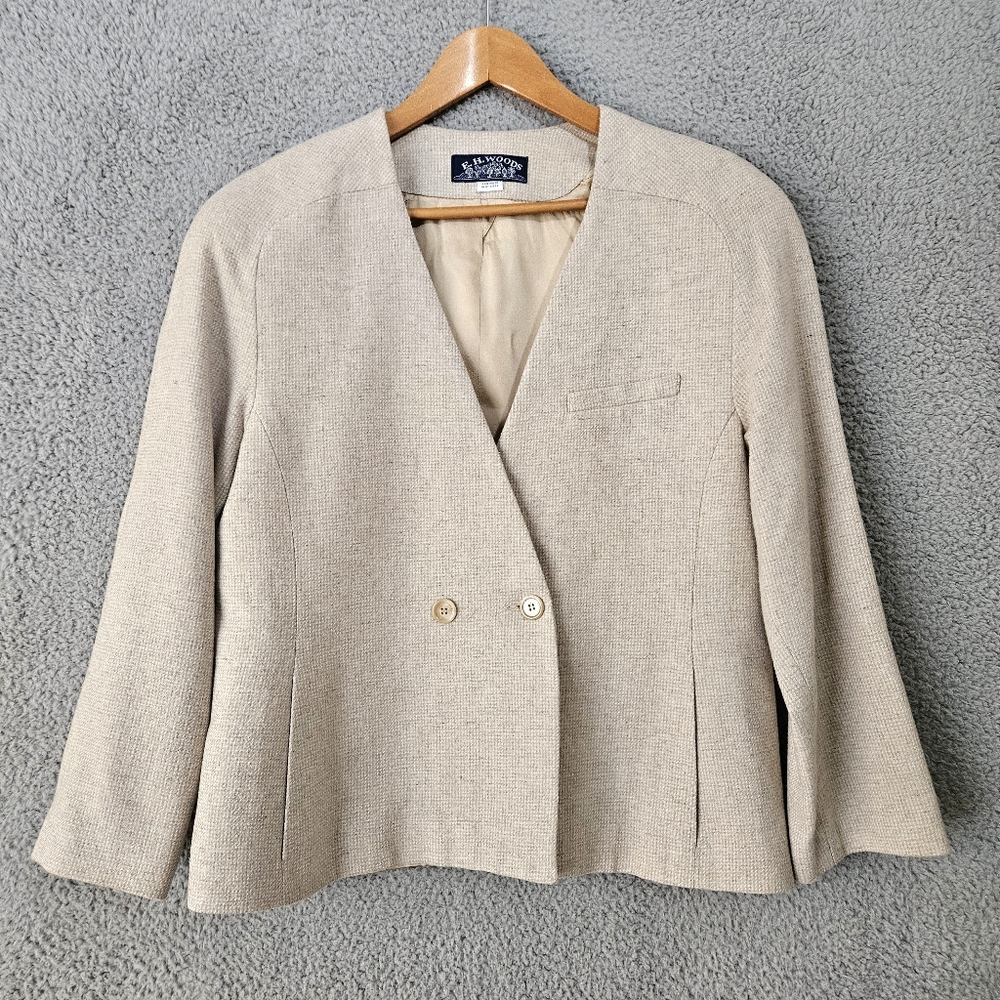 Vintage Women's Beige Wool Blazer Size 14 M L Collarless Minimalist Jacket